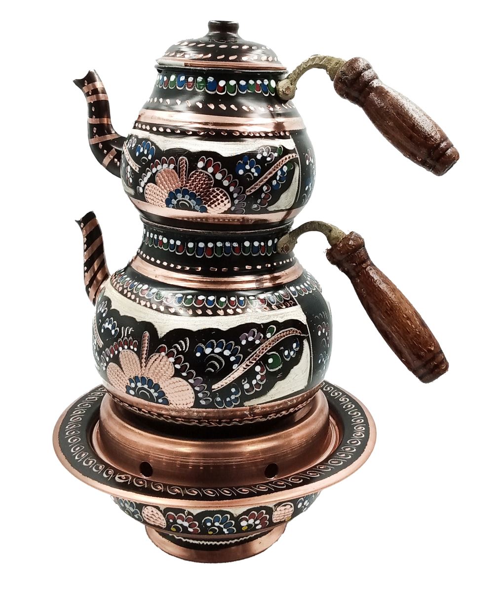 Reşolu Beyaz Bakır İşlemeli Çaydanlık Seti